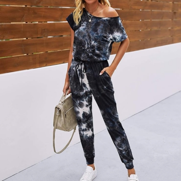 Off the Shoulder Romper, Tie Dye Jumpsuit Elastic Waist Small, Pockets, Stretchy - Picture 3 of 8